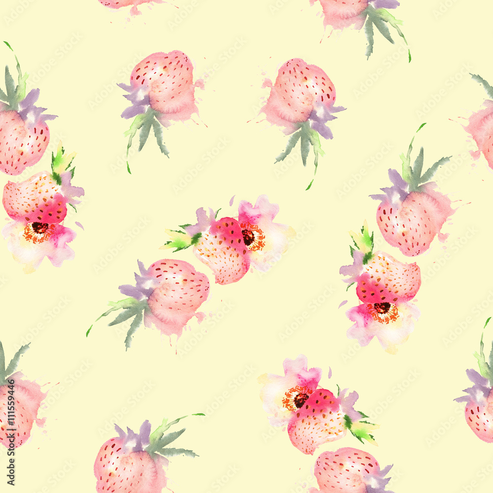 Strawberry flowers seamless pattern watercolor. Abstract graphic Strawberry flowers seamless pattern watercolor. Abstract graphic