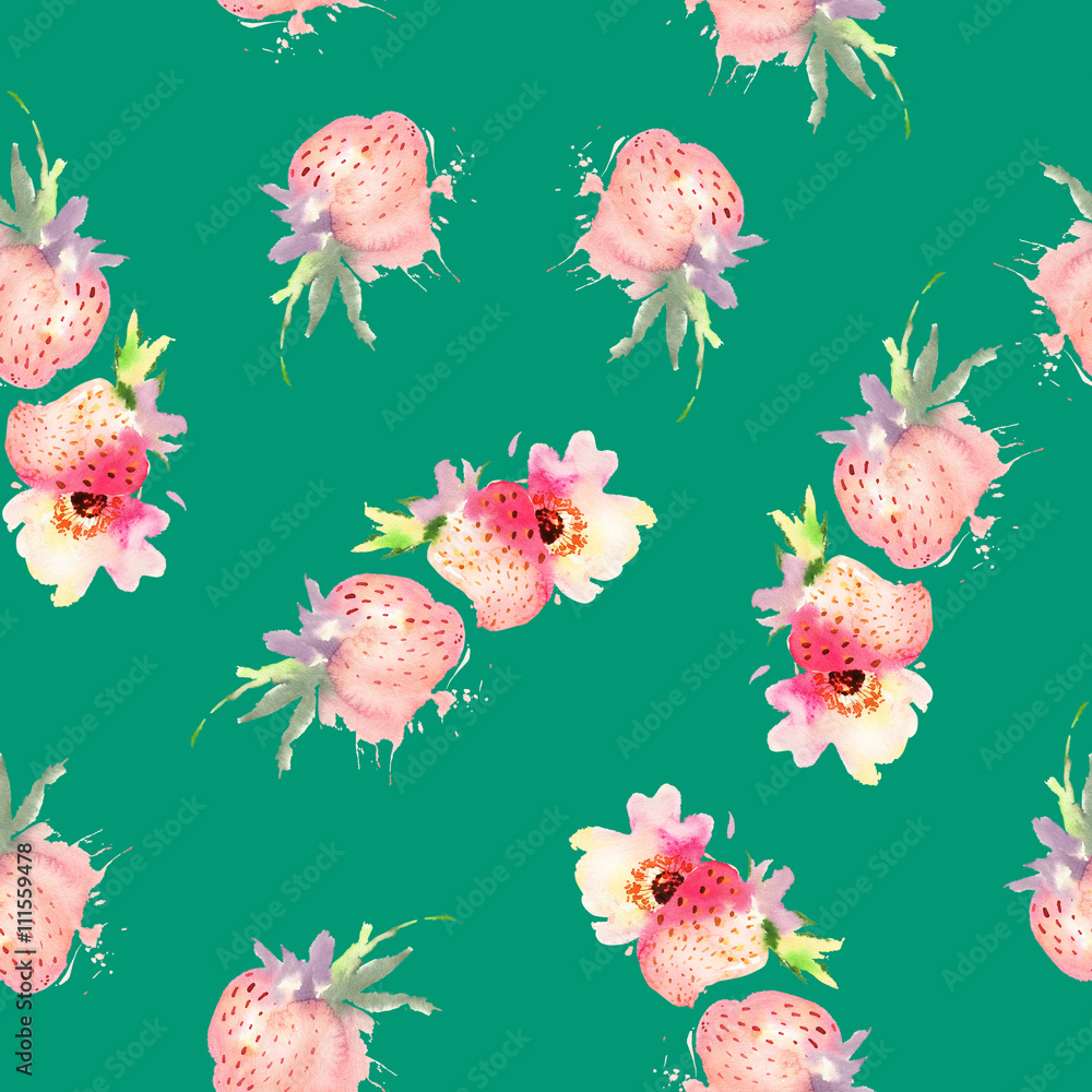 Strawberry flowers seamless pattern watercolor. Abstract graphic