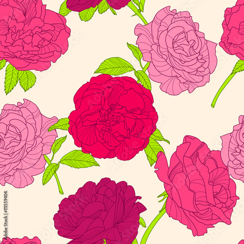 Vector floral seamless pattern. Summer background with pink hand drawn rose f...