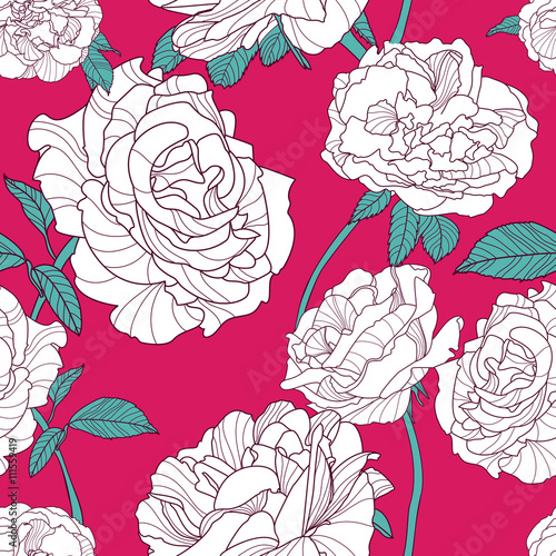 Vector summer background with white outline rose flowers. Floral seamless pat...