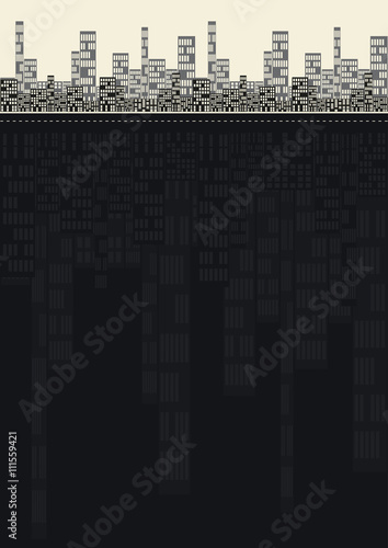 a city skyline reflecting on water, or showing deep roots underwater, in black and ivory shades
