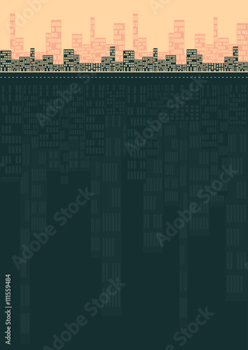 a city skyline reflecting on water, or showing deep roots underwater, in dark green and ivory shades