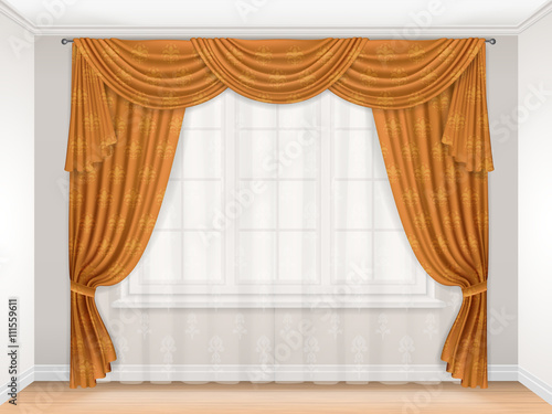 Classic beige curtain with damask pattern hanging on a window. Interior with a window decorated with transparent tulle and beautiful heavy curtains. Golden curtains pleated and pelmet. Vector.
