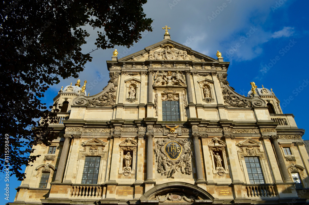 Facade of imposant church of Saint Carolus Borromeus, city of Antwerp, Belgium