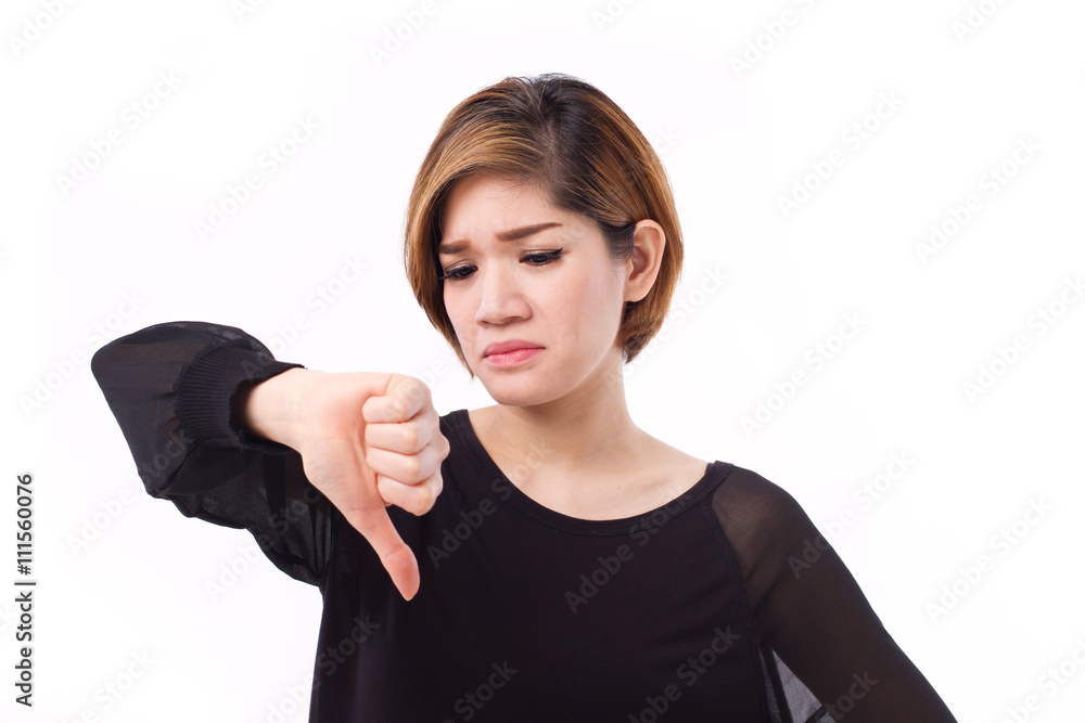 displeased, frustrated, unhappy woman giving thumb down gesture, displeased, frustrated, unhappy woman giving thumb down gesture,