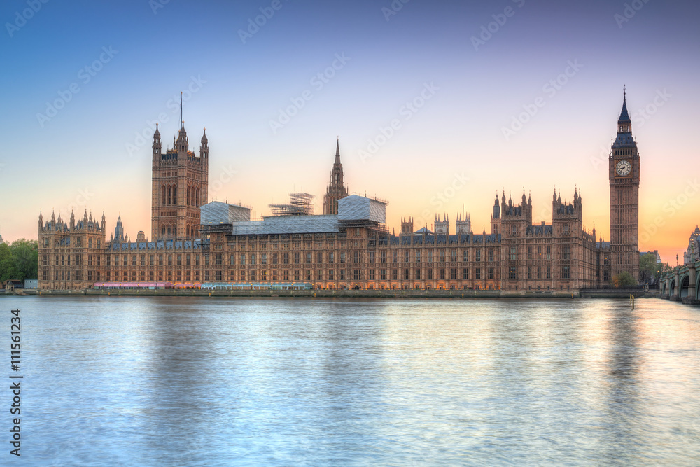 Big Ben and Westminster Palace in London at sunset, UK Big Ben and Westminster Palace in London at sunset, UK