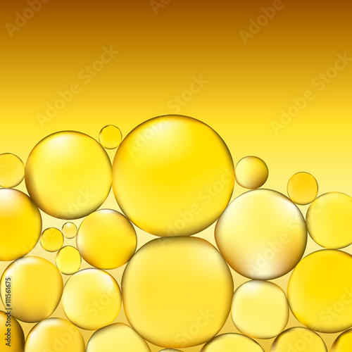 Oil bubbles background. Yellow water bubbles abstract light illumination. Vector. 3d illustration