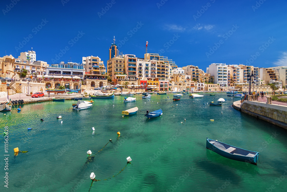 Sunny view of Spinola Bay and San Julien, Malta. - obrazy, fototapety, plakaty 