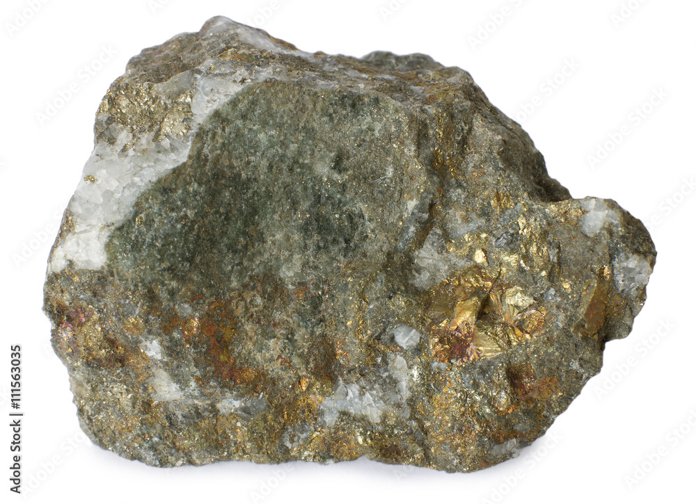 Mineral chalcopyrite (copper pyrite) isolated on white background. Copper pyrite is a copper iron sulfide mineral consisting of iron, copper, and sulfur. Chalcopyrite is an important ore of copper. Mineral chalcopyrite (copper pyrite) isolated on white background. Copper pyrite is a copper iron sulfide mineral consisting of iron, copper, and sulfur. Chalcopyrite is an important ore of copper.