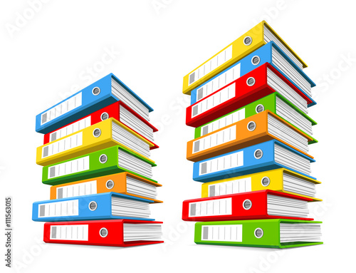 Two piles of colorful binders isolated on a white background. Concept of office information overload. Vector illustration.