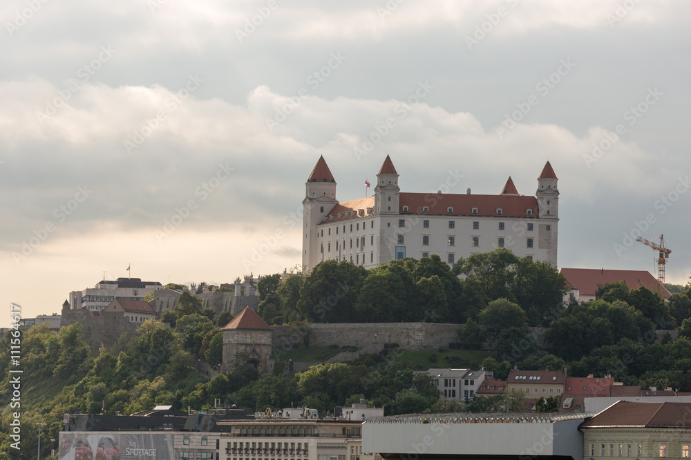 Bratislava Castle closeup with Danube river & St. Martin cathedral