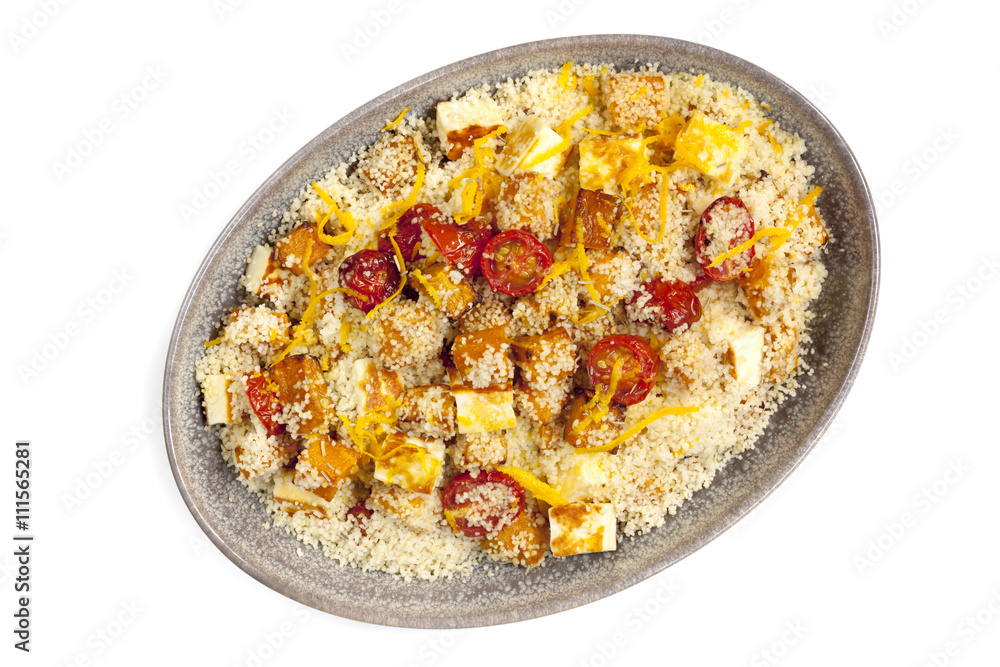 Couscous with Pumpkin Tomatoes and Halloumi Isolated