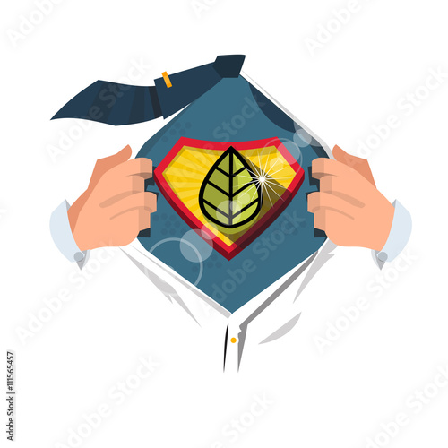 smart man open shirt to show "leaf symbol" in hero style. Saving