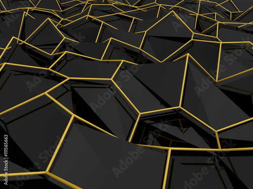 Abstract 3D Rendering of Black Low Poly Surface with gold wireframe © lznogood