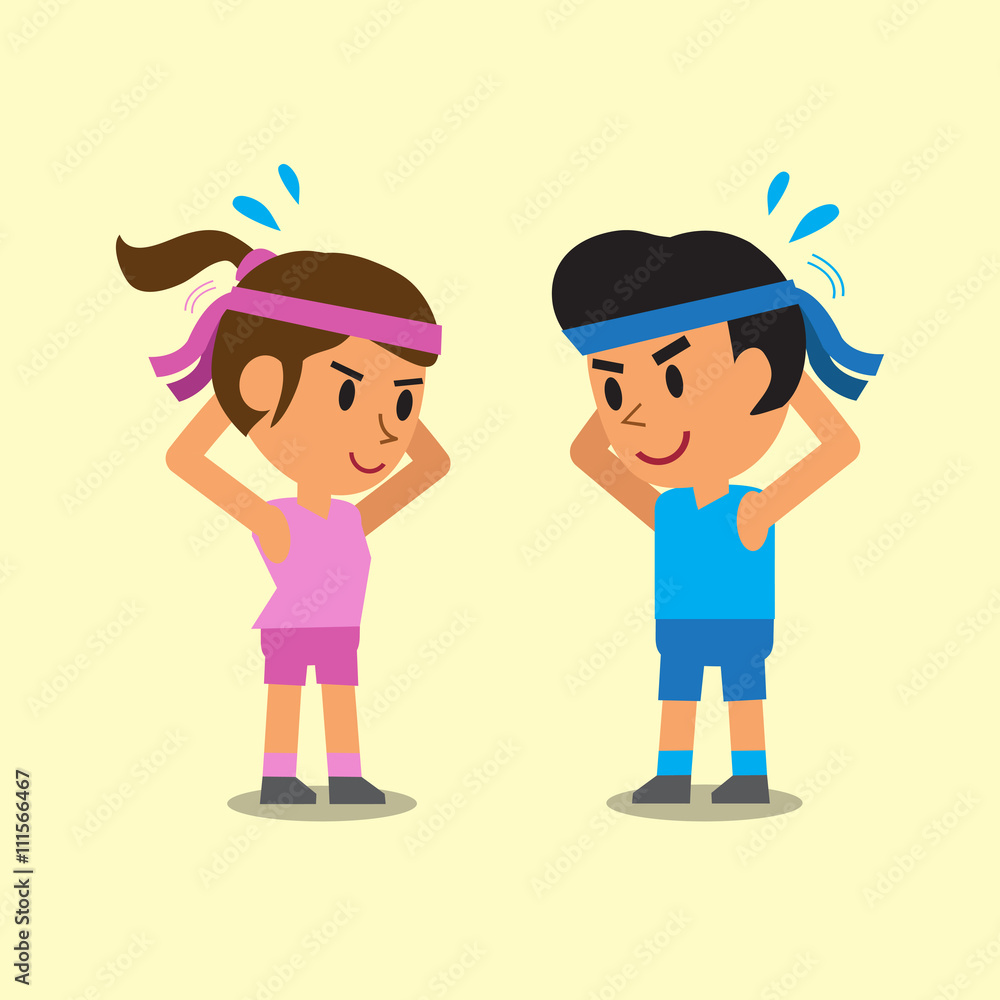 Cartoon man and woman doing neck flexion exercise Cartoon man and woman doing neck flexion exercise