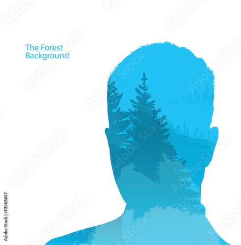 Vector double exposure illustration. Man silhouette plus forest background. Double exposure portrait of man on a blue background of coniferous forest. Man and coniferous forest in the morning mist.