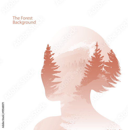 Vector double exposure illustration. Woman silhouette plus forest background. Double exposure portrait of woman on a brown background of coniferous forest. Woman and coniferous forest in morning mist.