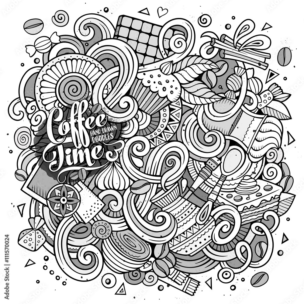 Cartoon hand-drawn doodles of cafe, coffee shop background