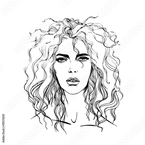 Vector fashion girl portrait. Female face with curly hair. Hand drawn engraved fashion girl portrait illustration.