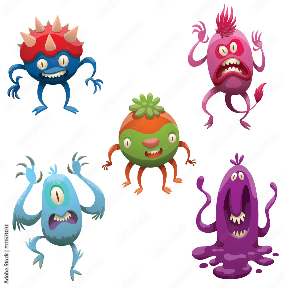 Vector set of funny cartoon monsters. Various monsters of different colors on a white background. Cartoon different monsters. Set of monsters. Vector cartoon monsters. Vector illustration.