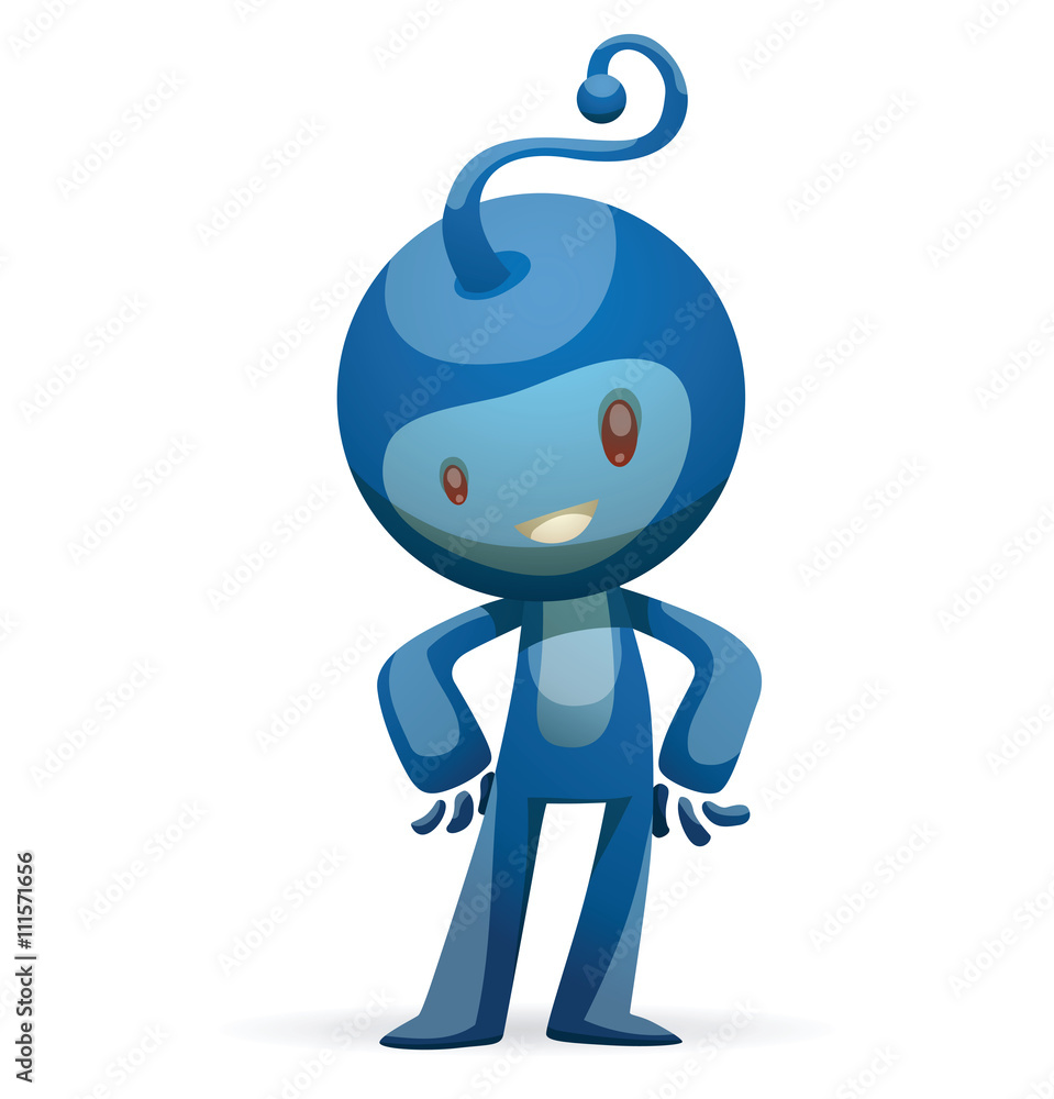 Vector cartoon image of funny little blue creature. Funny little creature with a long antenna on his head. Creature with two arms and legs. Funny creature standing and smiling. Vector illustration. Stock Vector cartoon image of funny little blue creature. Funny little creature with a long antenna on his head. Creature with two arms and legs. Funny creature standing and smiling. Vector illustration. Stock