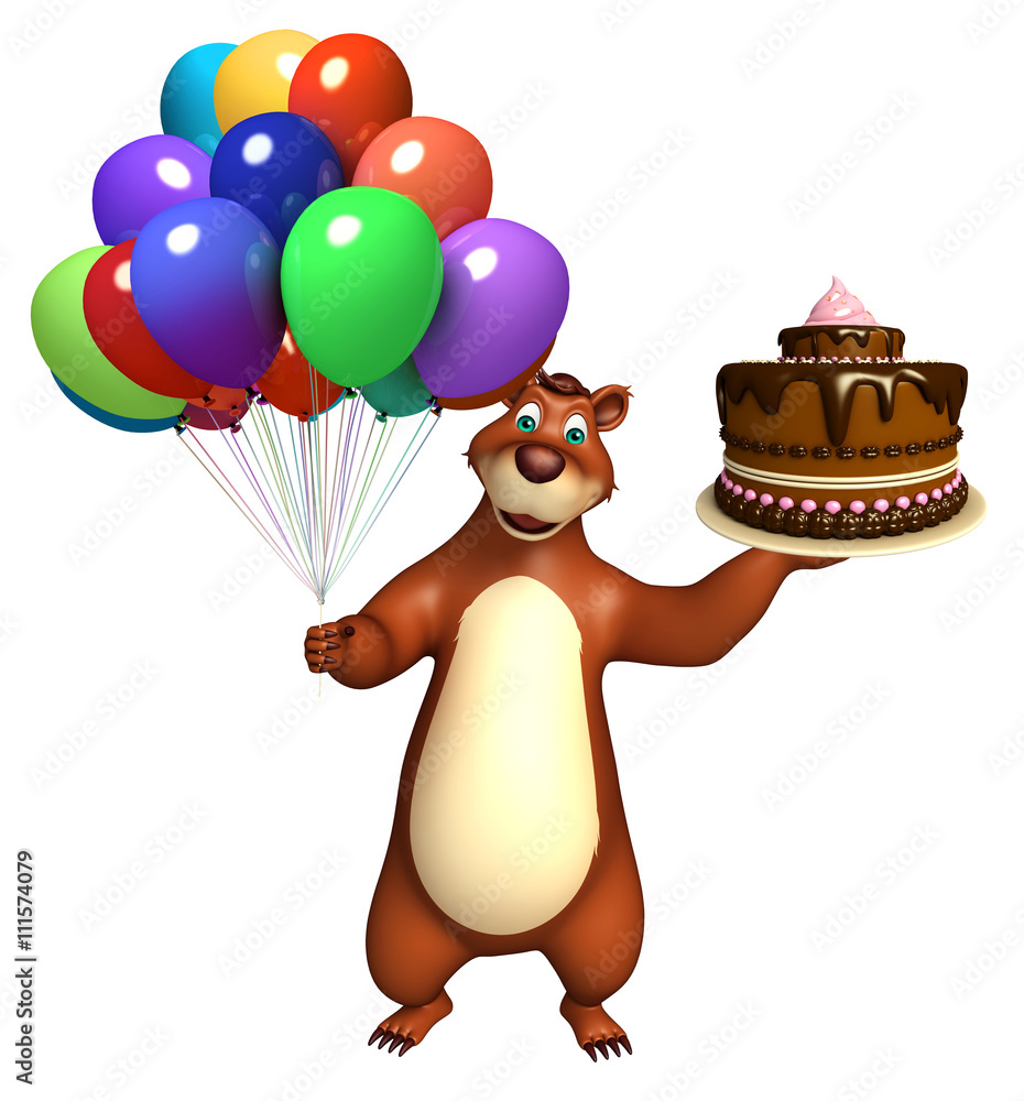 Fototapeta premium cute Bear cartoon character with cake and balloon