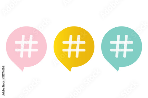 Cute pink, mint green and gold hashtag symbol in speech bubble isolated on white background.