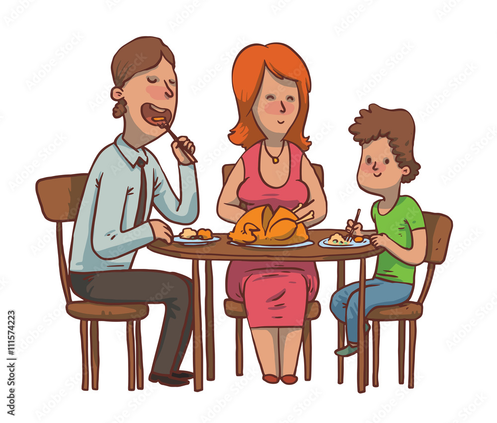 Vector cartoon image of a family dinner. Father, mother and son sitting at  the table and eat fried chicken on a white background. Family idyll. Card.  Vector illustration. Stock Vector | Adobe