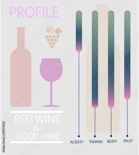 Wine info graphic, bottle and glass with components description over silver background. Digital vector image.