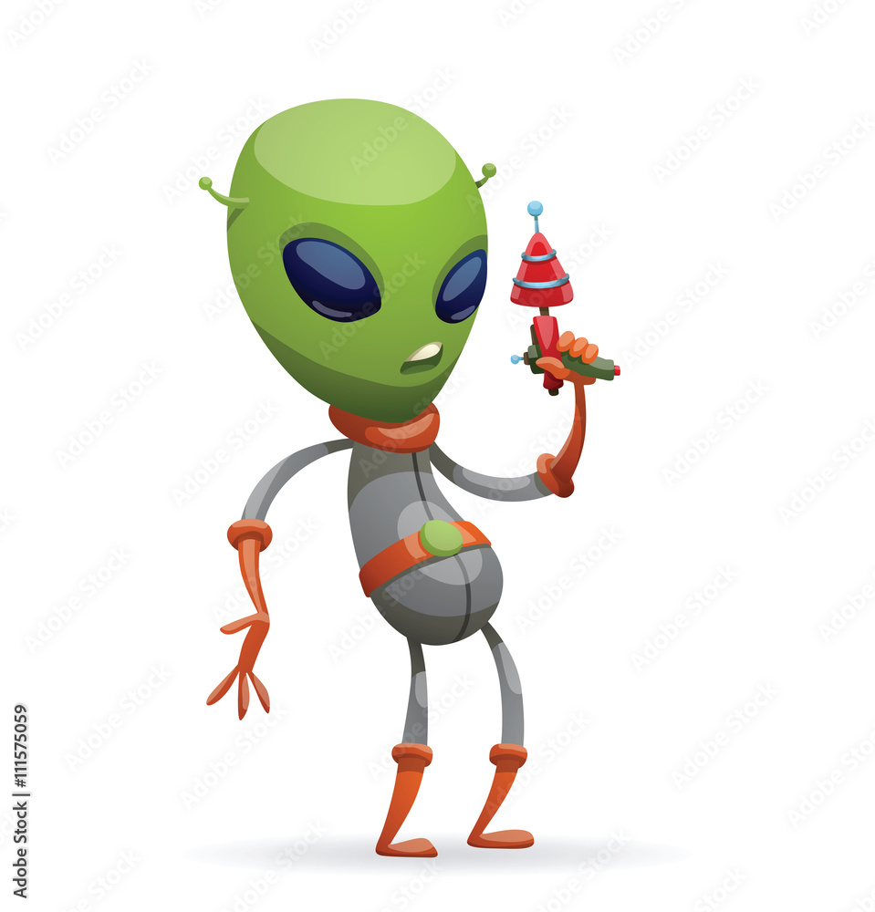Vector cartoon image of funny green alien with big eyes and a small  antennas on his