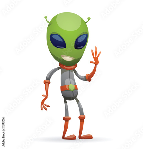 Vector cartoon image of funny green alien with big eyes and a small antennas on his head in gray-orange spacesuit  standing and waving his left hand on a white background. Vector illustration.