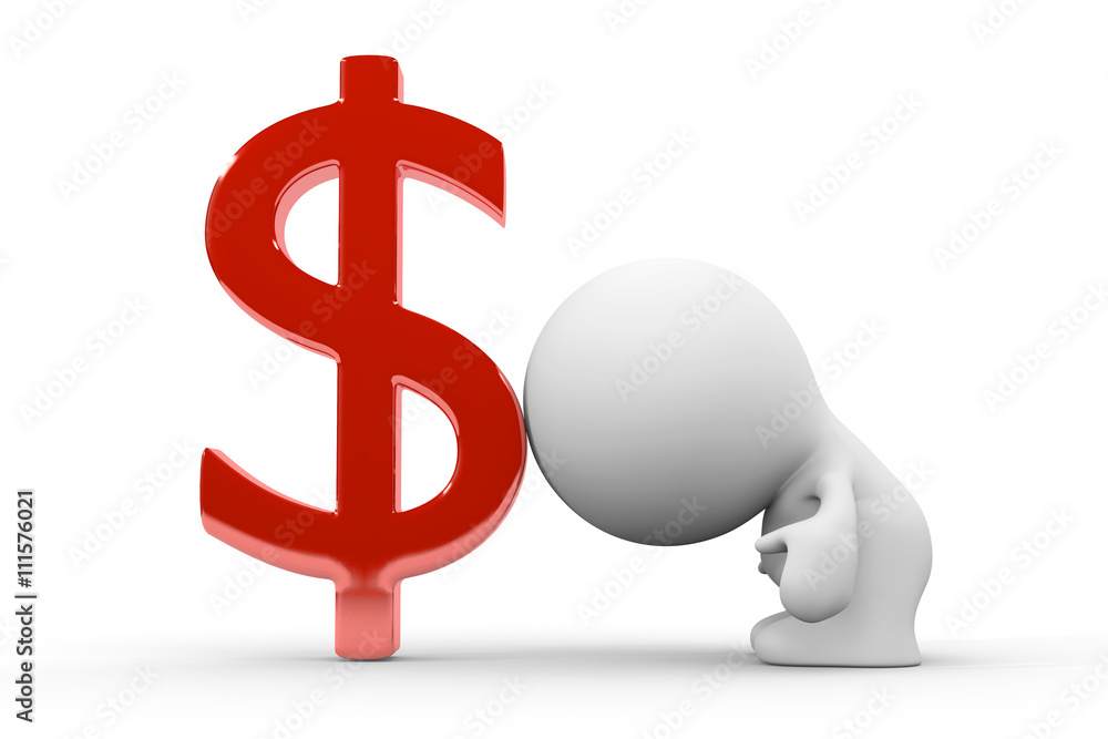 human 3d person leaning on a huge shiny red dollar sign human 3d person leaning on a huge shiny red dollar sign