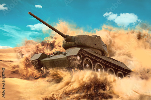 Battle Tank is moving in the desert