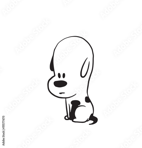Vector cartoon image of a funny little dog black-white colors sitting sadly on a white background. Made in monochrome style. Positive character. Vector illustration.