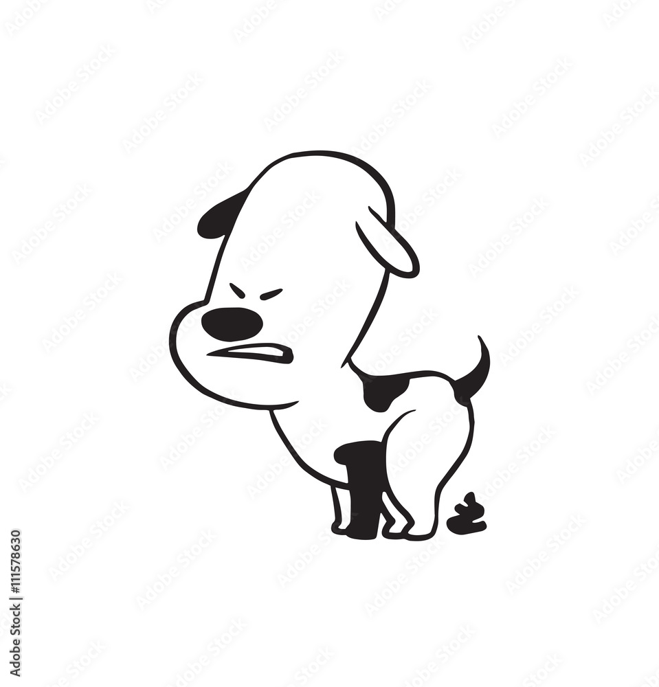 Vector cartoon image of a funny little dog black-white colors pooping on a  white background. Made in monochrome style. Positive character. Vector  illustration. Stock Vector | Adobe Stock