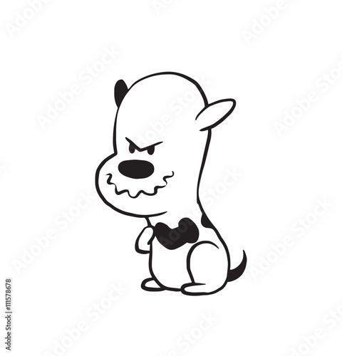 Vector cartoon image of a funny little dog black-white colors plotting something tricky on a white background. Made in monochrome style. Positive character. Vector illustration.