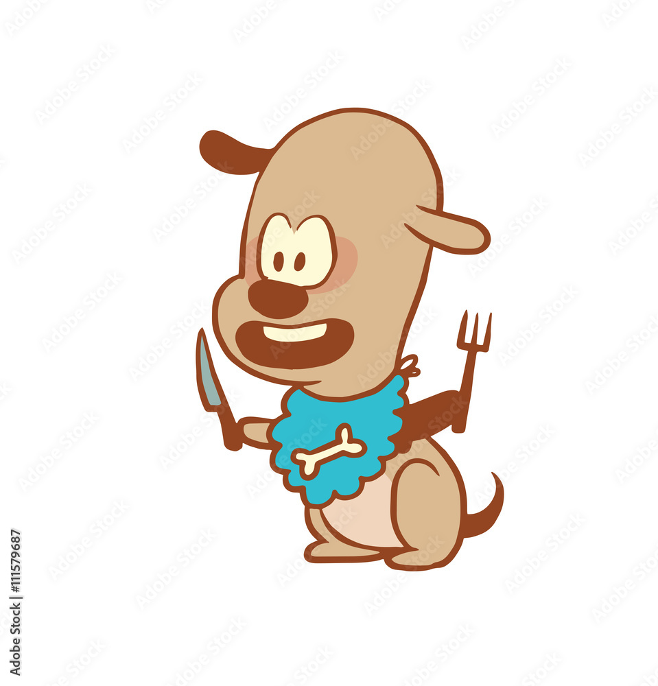 Vector cartoon image of a funny little dog light brown color with knife and  fork in