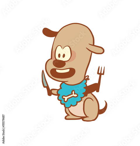 Vector cartoon image of a funny little dog light brown color with knife and fork in his paws on a white background. Color image with a brown tracings. Puppy. Positive character. Vector illustration.