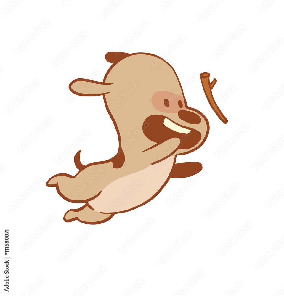 Vector cartoon image of a funny little dog light brown color jumping for a  stick on a white background. Color image with a brown tracings. Puppy.  Positive character. Vector illustration. Stock Vector |