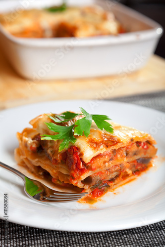 Typical italian lasagne served in a plate, one portion in front, baking dish blurred in the background