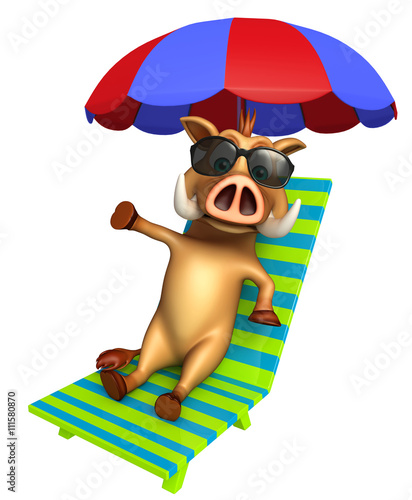 fun Boar cartoon character with beach chair © visible3dscience