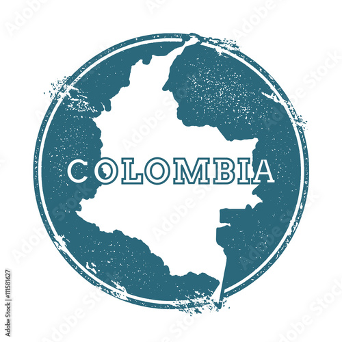 Grunge rubber stamp with name and map of Colombia, vector illustration. Can be used as insignia, logotype, label, sticker or badge of the country.