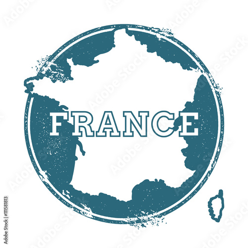 Grunge rubber stamp with name and map of France, vector illustration. Can be used as insignia, logotype, label, sticker or badge of the country.
