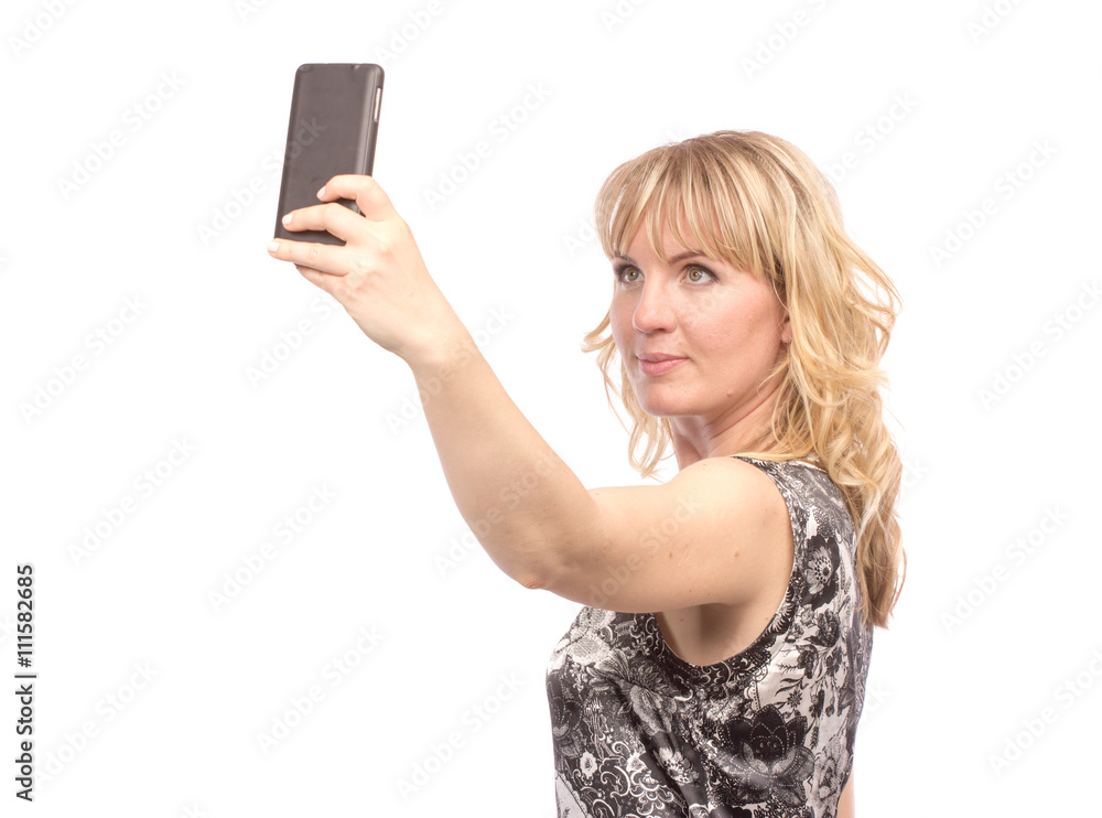 Beautiful woman taking self picture with smartphone camera
