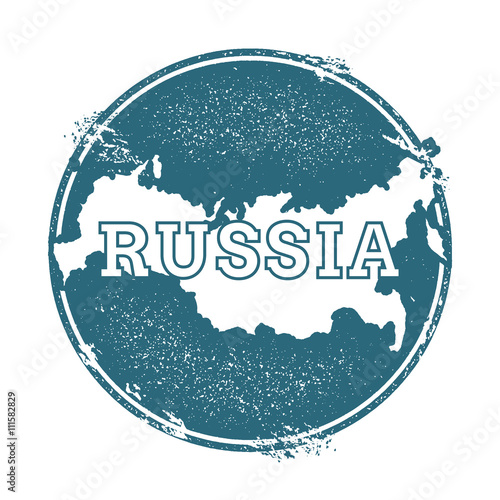 Grunge rubber stamp with name and map of Russian Federation, vector illustration. Can be used as insignia, logotype, label, sticker or badge of the country.