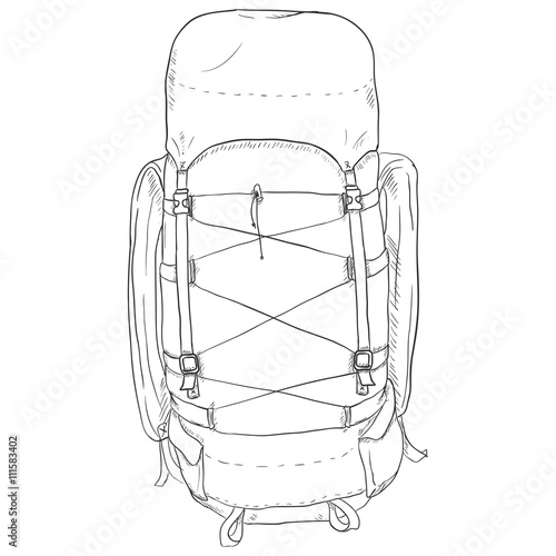 Vector Single Sketch Hiking Backpack. Isolated Background.