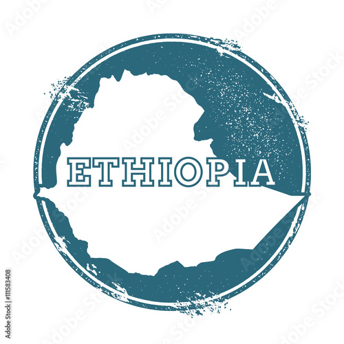 Grunge rubber stamp with name and map of Ethiopia, vector illustration. Can be used as insignia, logotype, label, sticker or badge of the country.