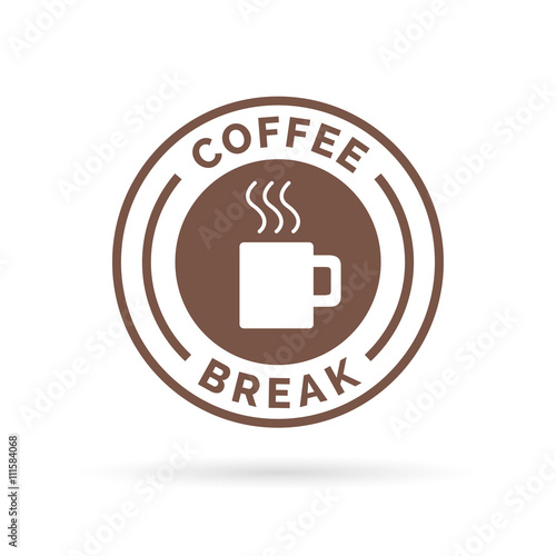 Coffee break time badge sign with brown steaming coffee mug icon silhouette. Vector illustration.