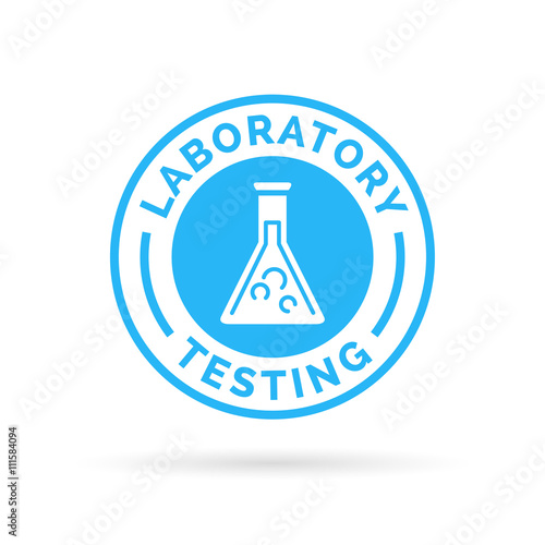Science laboratory testing badge sign with blue lab beaker icon silhouette. Vector illustration.
