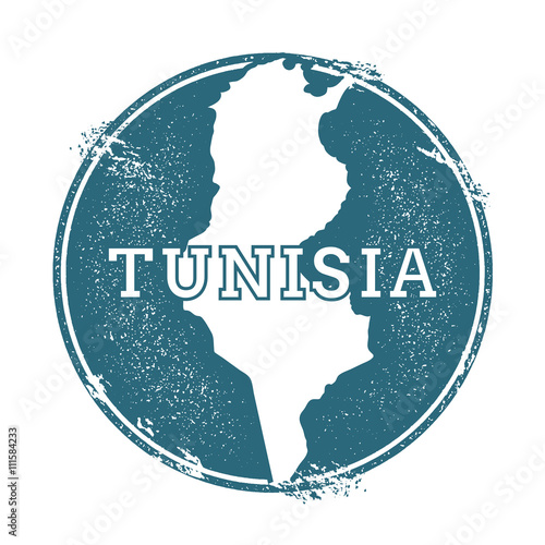 Grunge rubber stamp with name and map of Tunisia, vector illustration. Can be used as insignia, logotype, label, sticker or badge of the country.